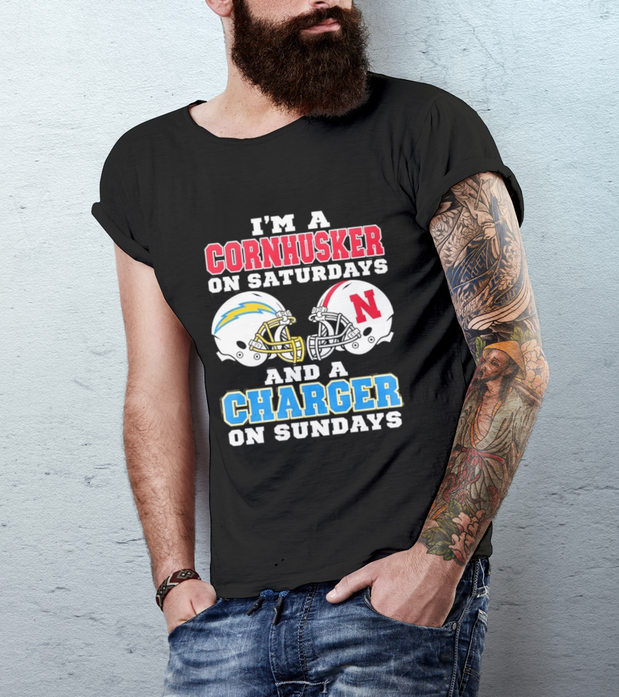 I'm A Cornhusker On Saturdays And A Charger On Sundays Football Fan Football Team Helmets T-Shirt