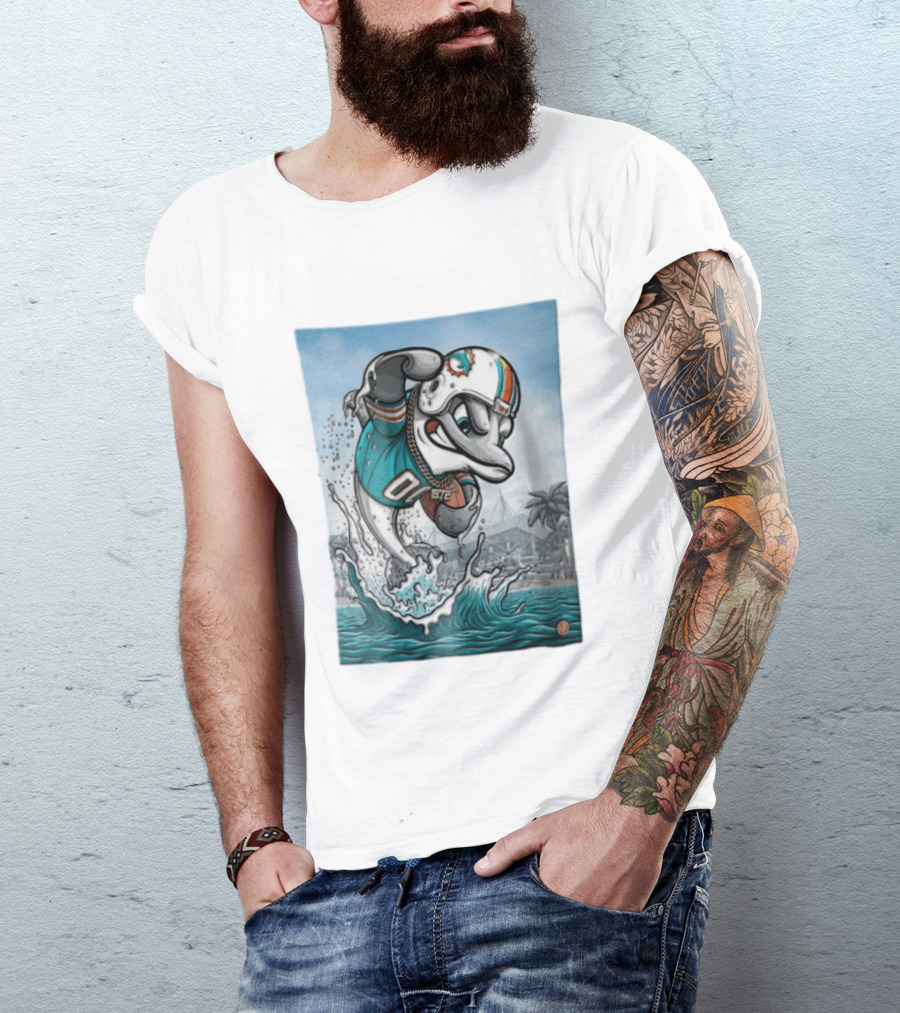 Miami Dolphins Garo Yepremian Fins Up 1972 Cartoon Dolphin Helmet Football T-Shirt