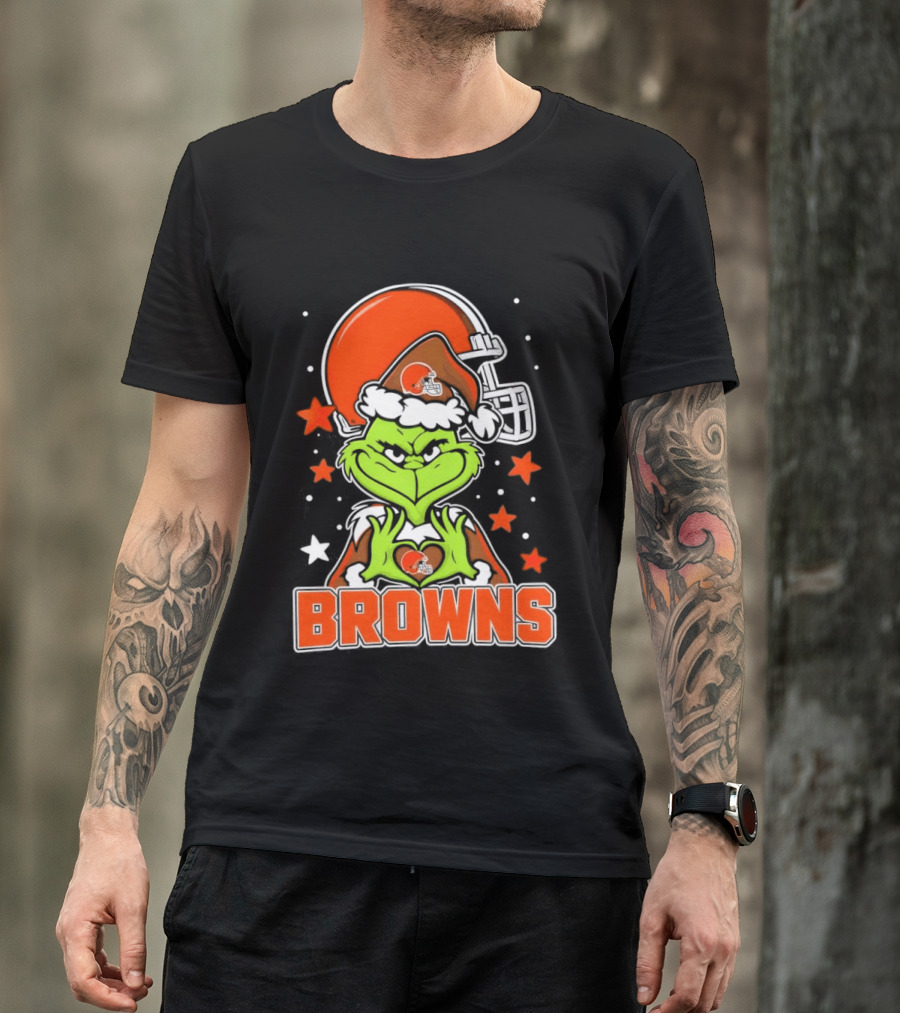 Grinch Heart Love Cleveland Browns Christmas Football T-Shirt