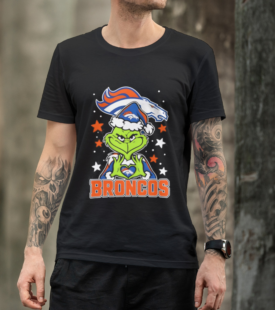 Broncos Christmas Grinch Heart Hands Love Denver Football T-Shirt
