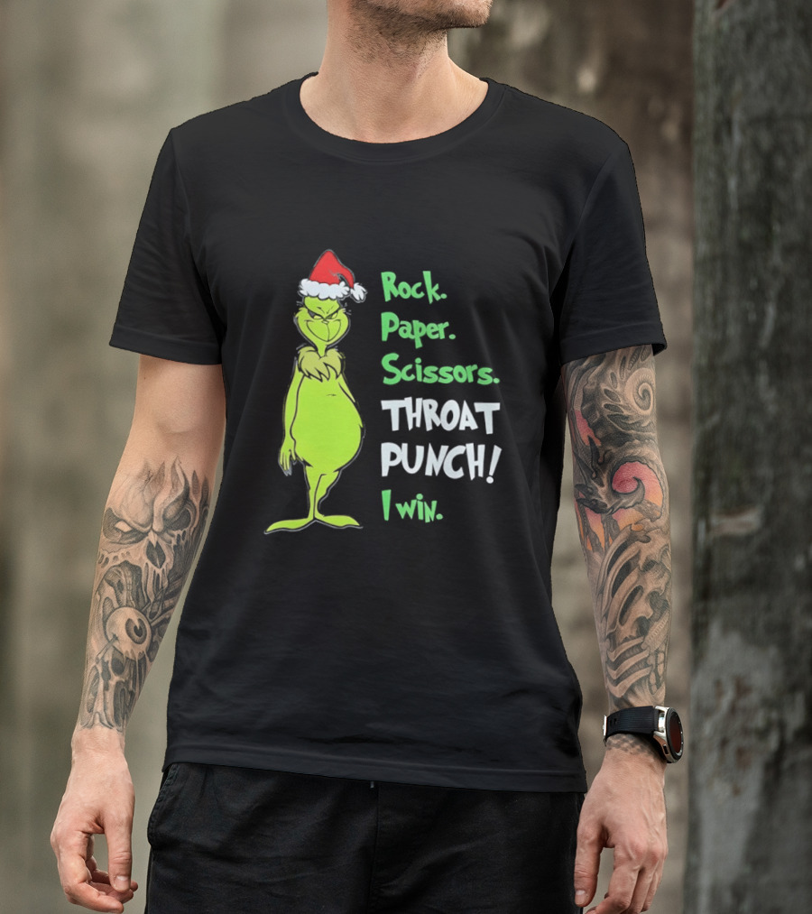 Rock Paper Scissors Throat Punch I Win Grinch With Santa Hat T-Shirt