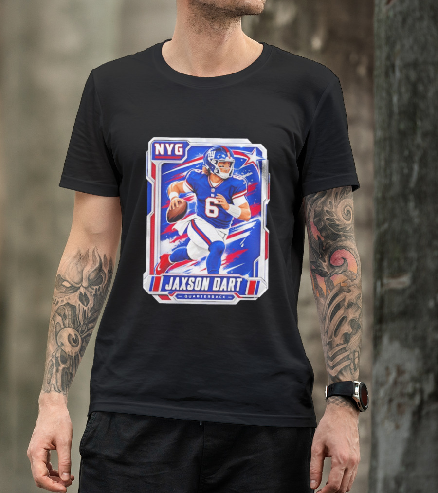 NYG Jaxson Dart 2026 Trading Card Blue Jersey Quarterback T-Shirt