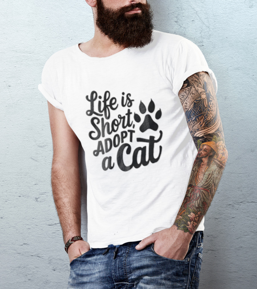 Life Is Short Adopt A Cat Paw Print T-Shirt