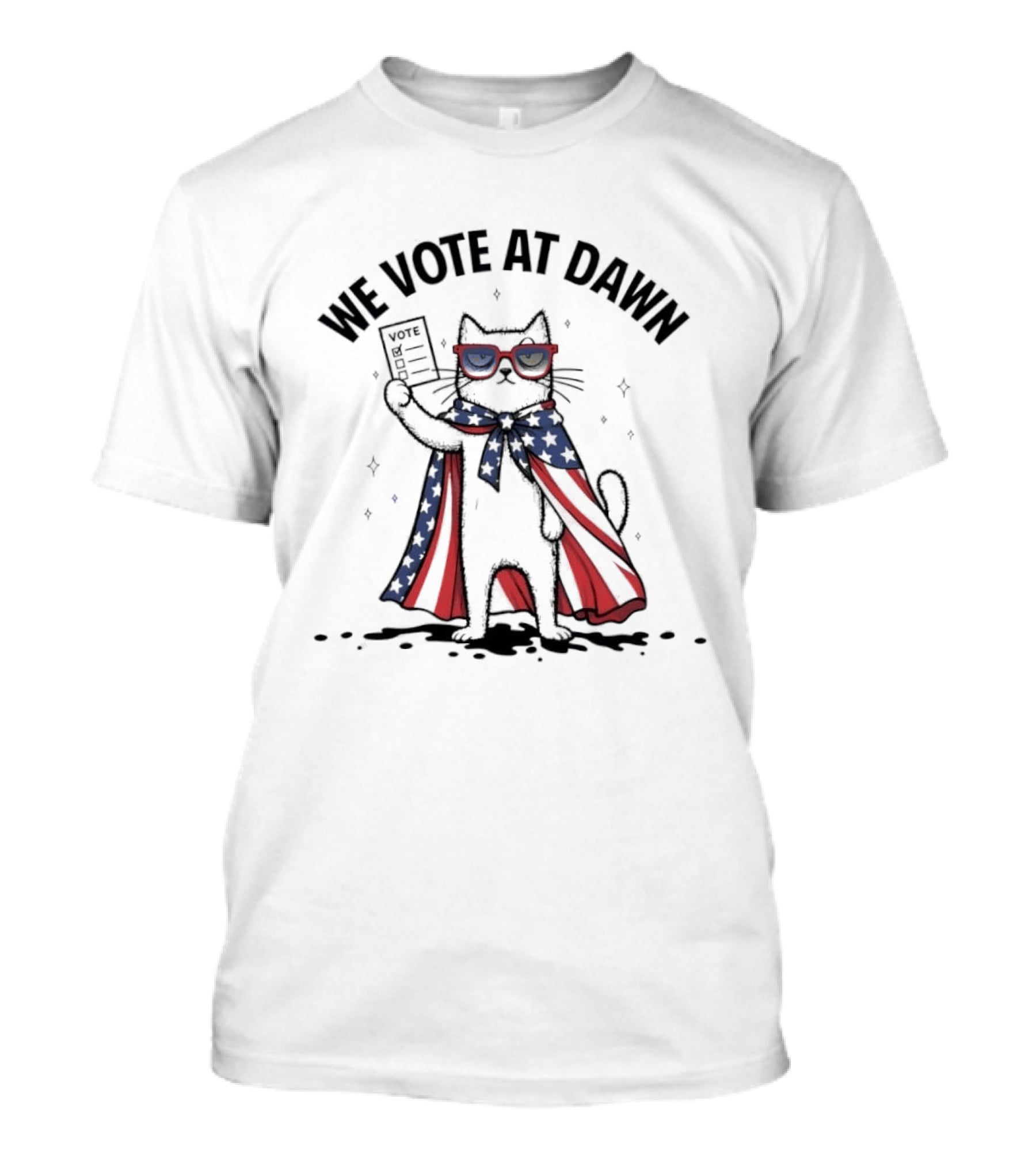 We Vote At Dawn Patriotic Cat With Stars And Stripes Cape And Glasses T-Shirt