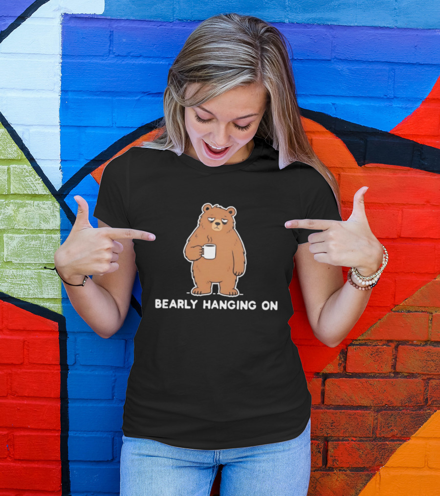 Bearly Hanging On Coffee Bear Cartoon T-Shirt