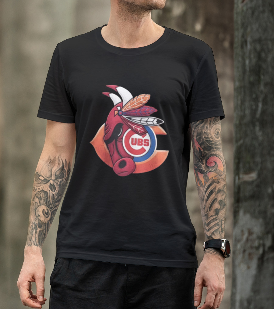 Chicago Bears Cubs Red Bull Native American Headdress T-Shirt
