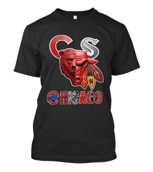 Chicago Cubs Bulls Blackhawks Split Face Bear Bull T-Shirt