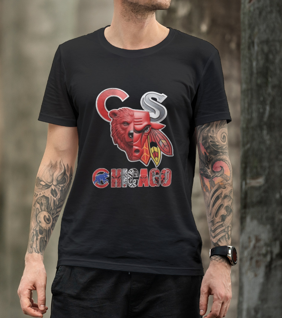 Chicago Cubs Bulls Blackhawks Split Face Bear Bull T-Shirt