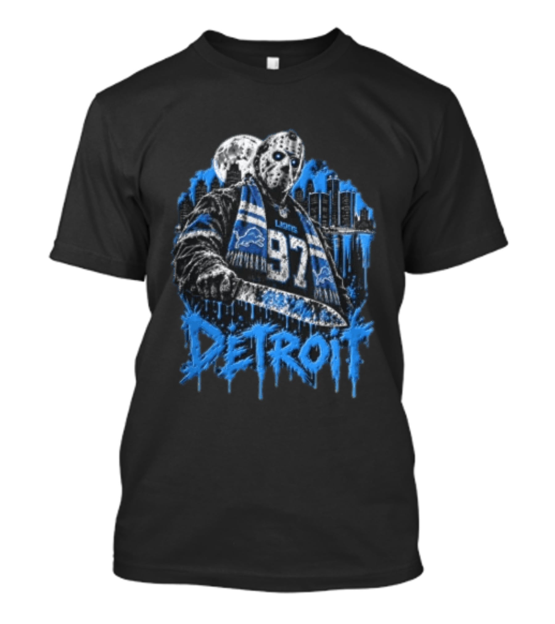 Detroit Lions Aidan Hutchinson 97 Jason Voorhees Knife Detroit Skyline Lions T-Shirt