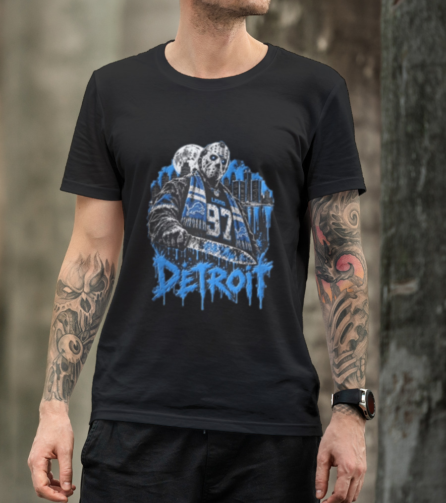 Detroit Lions Aidan Hutchinson 97 Jason Voorhees Knife Detroit Skyline Lions T-Shirt