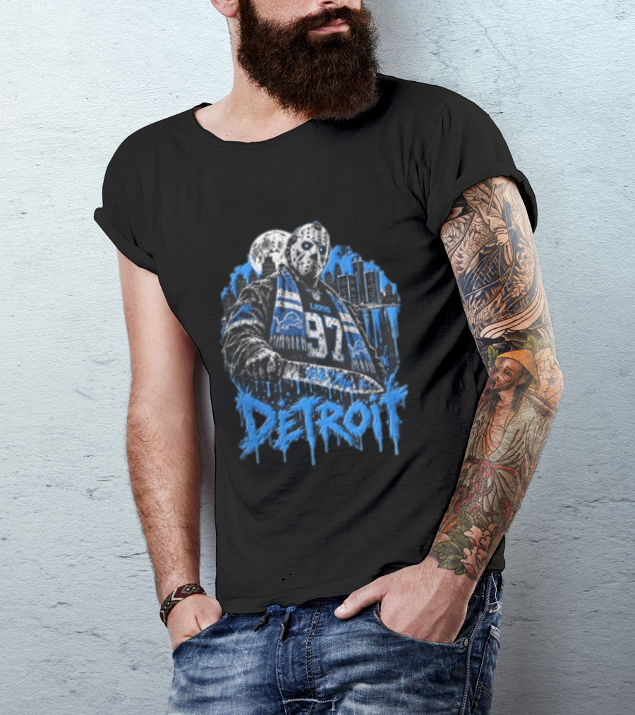 Detroit Lions Aidan Hutchinson 97 Jason Voorhees Knife Detroit Skyline Lions T-Shirt