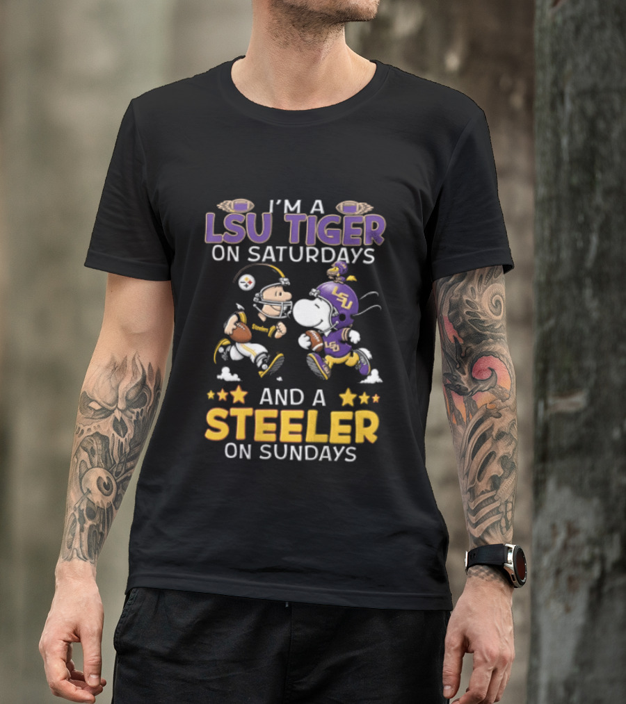 I'm A LSU Tiger On Saturdays And A Steeler On Sundays Charlie Brown Snoopy Football Fan T-Shirt