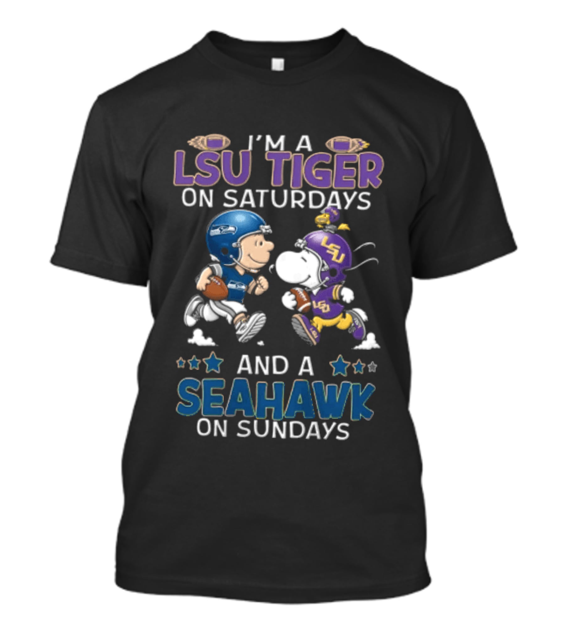 Charlie Brown Snoopy I Am A LSU Tiger On Saturdays And A Seahawk On Sundays T-Shirt