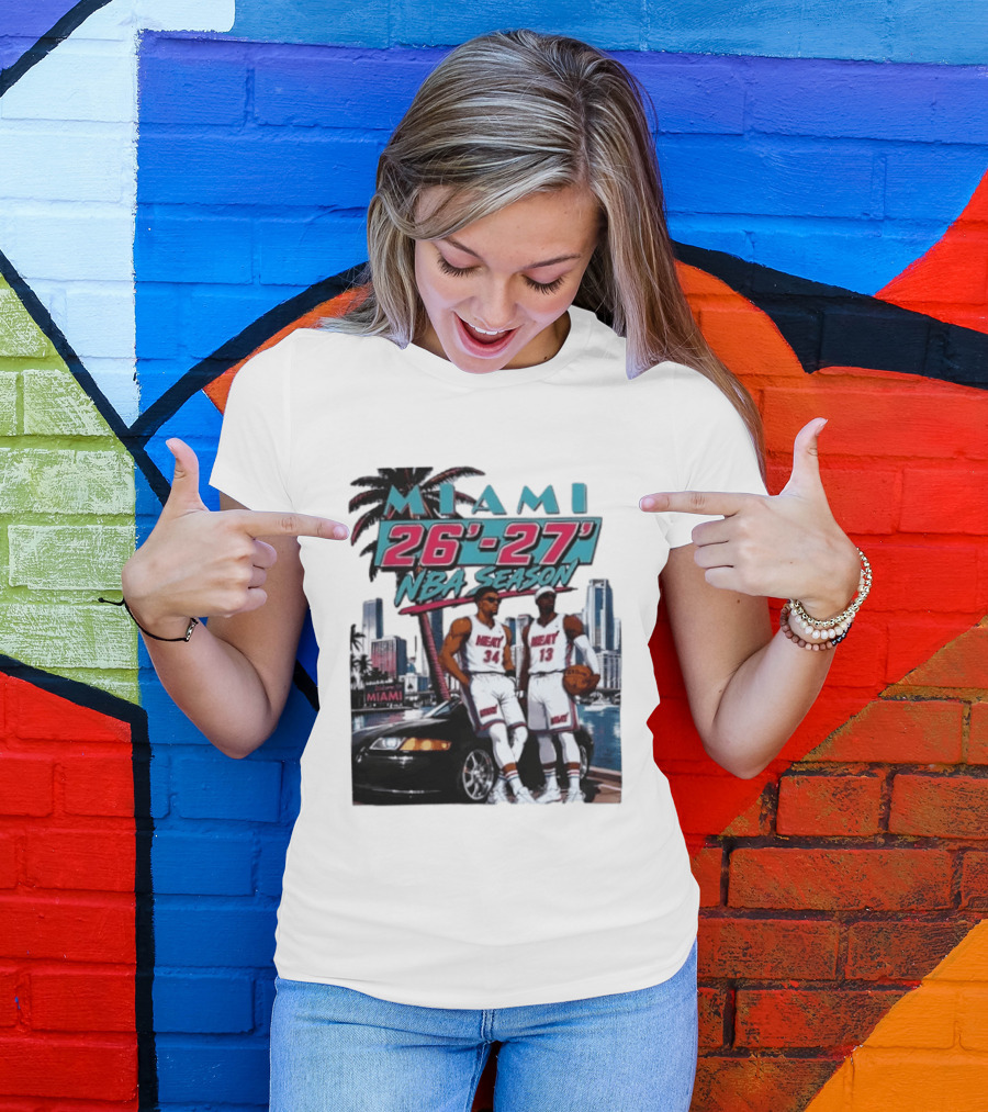 Miami Heat 26 27 NBA Season Palm Trees Skyline Players T-Shirt