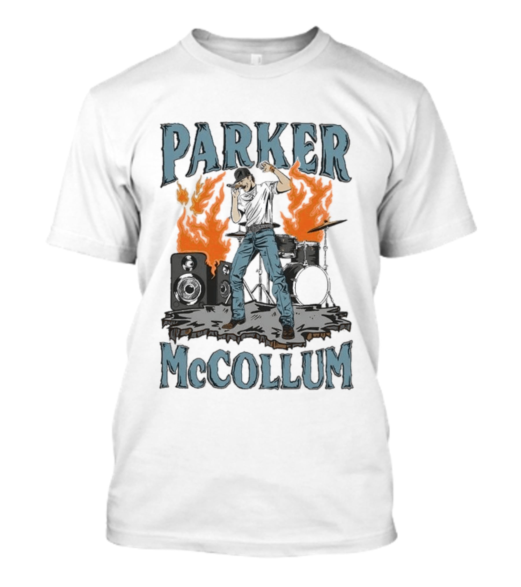 Parker Mccollum Cartoon Flames Concert Scene With Drums And Speakers T-Shirt