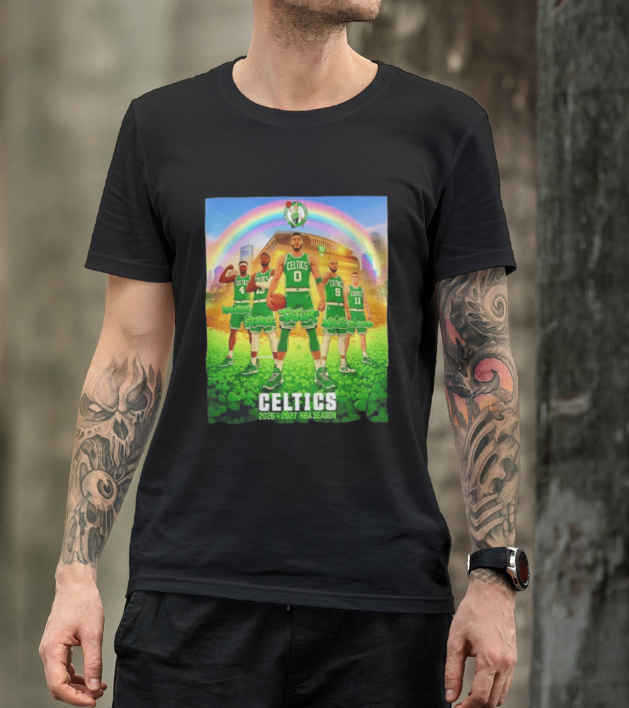 Boston Celtics 2026 2027 NBA Season Tatum George White Robinson Pritchard Basketball Team Players Under Rainbow Scene T-Shirt