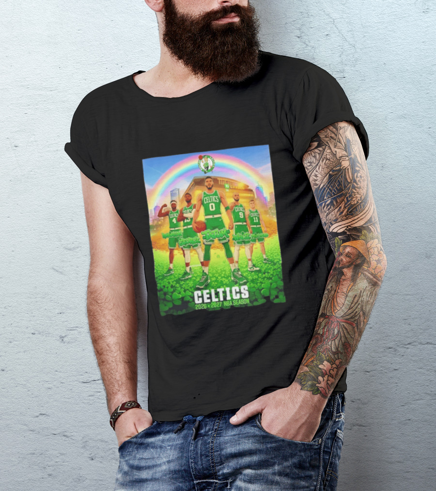 Boston Celtics 2026 2027 NBA Season Tatum George White Robinson Pritchard Basketball Team Players Under Rainbow Scene T-Shirt