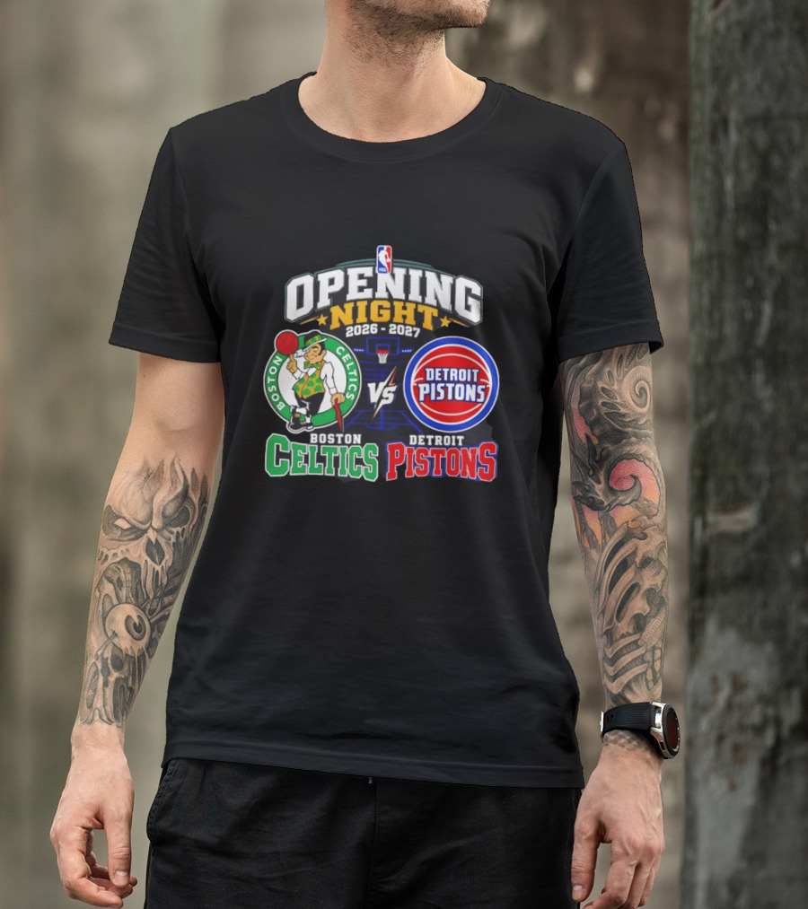 Boston Celtics Vs Detroit Pistons NBA Opening Night 2026 2027 Matchup Logos And Teams T-Shirt