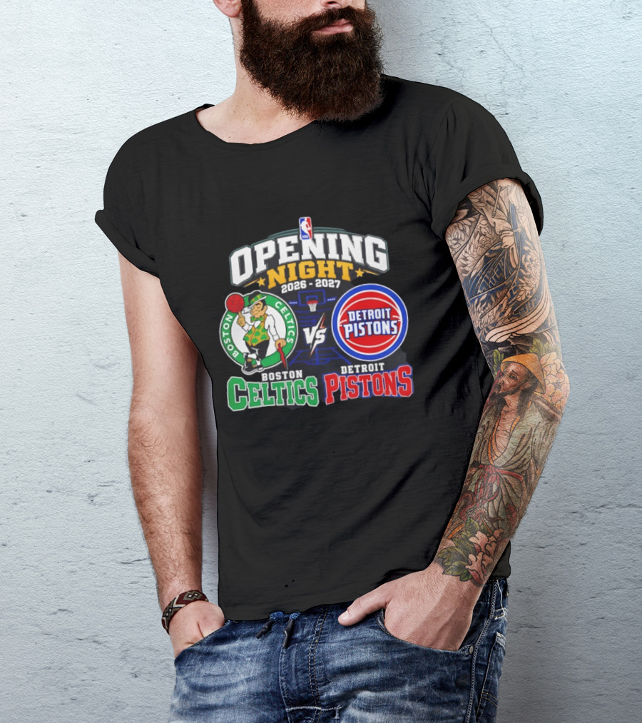 Boston Celtics Vs Detroit Pistons NBA Opening Night 2026 2027 Matchup Logos And Teams T-Shirt