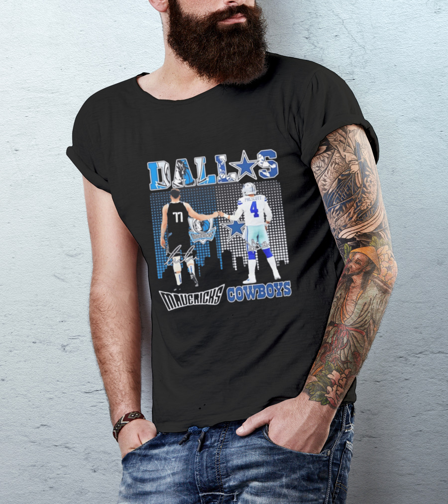 Dallas Mavericks Cowboys Skyline Signatures Luka Doncic Dak Prescott T-Shirt
