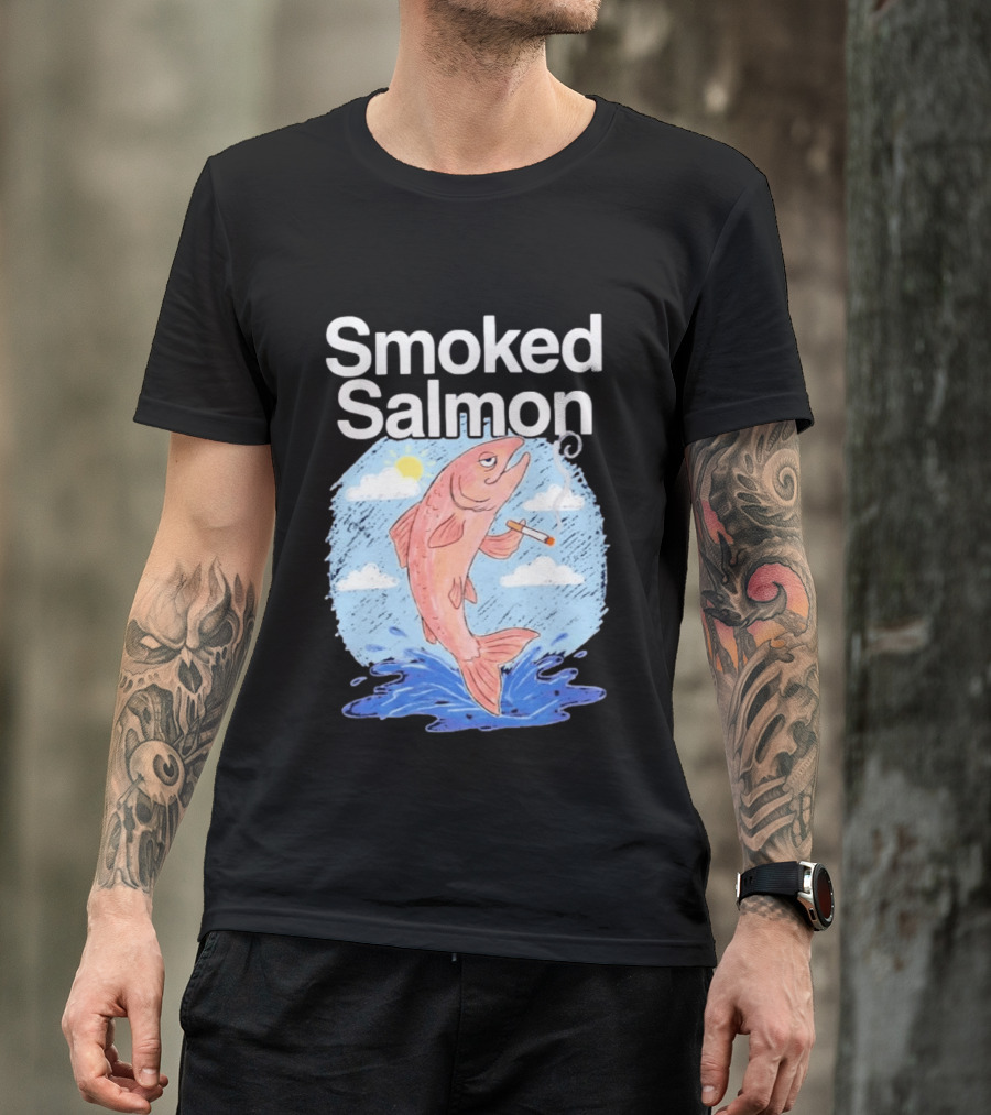 Smoked Salmon Smoking Fish Humorous Cartoon Design With Cloud And Water T-Shirt