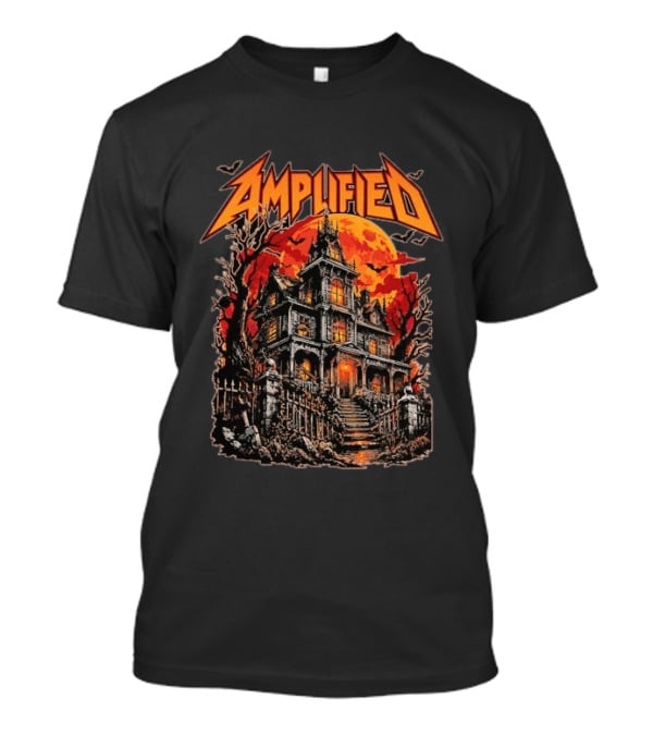 Amplified Haunted House Creepy Mansion With Eerie Full Moon And Dark Trees T-Shirt