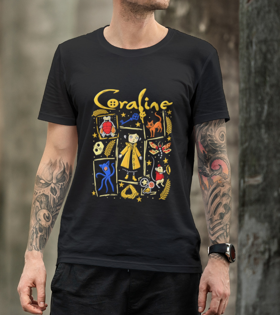 Coraline Characters Key Yellow Coat Cat Other Mother Neil Gaiman T-Shirt
