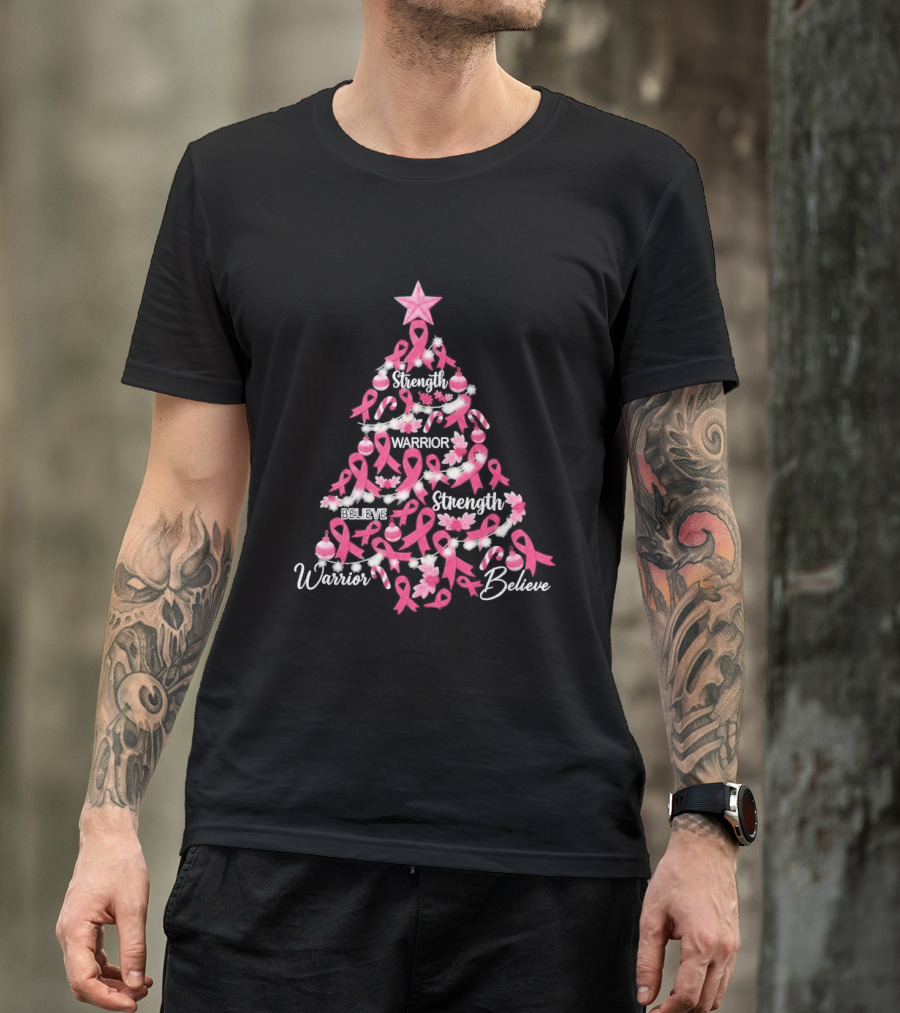 Warrior Strength Believe Breast Cancer Awareness Christmas Tree T-Shirt