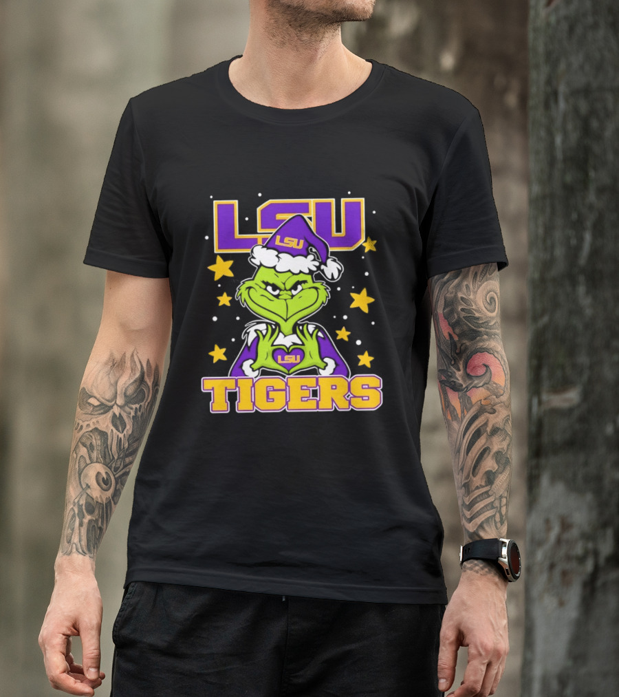LSU Tigers Grinch Christmas Heart Hands T-Shirt