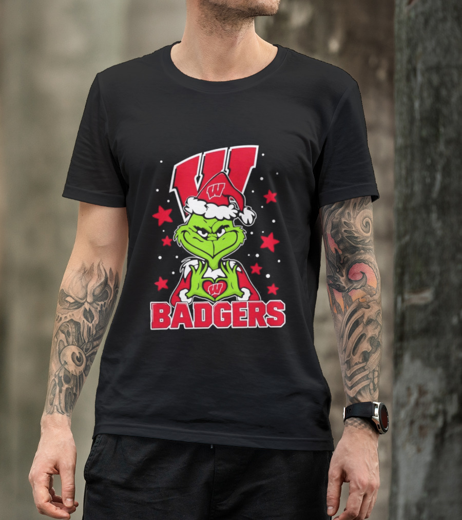 Grinch Wearing Wisconsin Badgers Hat Christmas Sports Fan T-Shirt