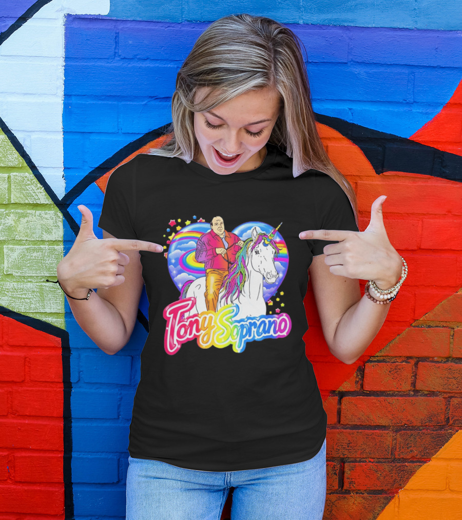 Tony Soprano Riding Rainbow Unicorn With Heart And Stars T-Shirt