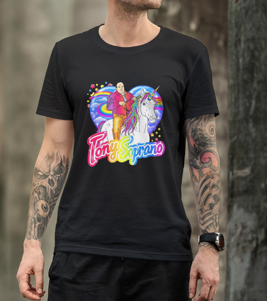 Tony Soprano Riding Rainbow Unicorn With Heart And Stars T-Shirt