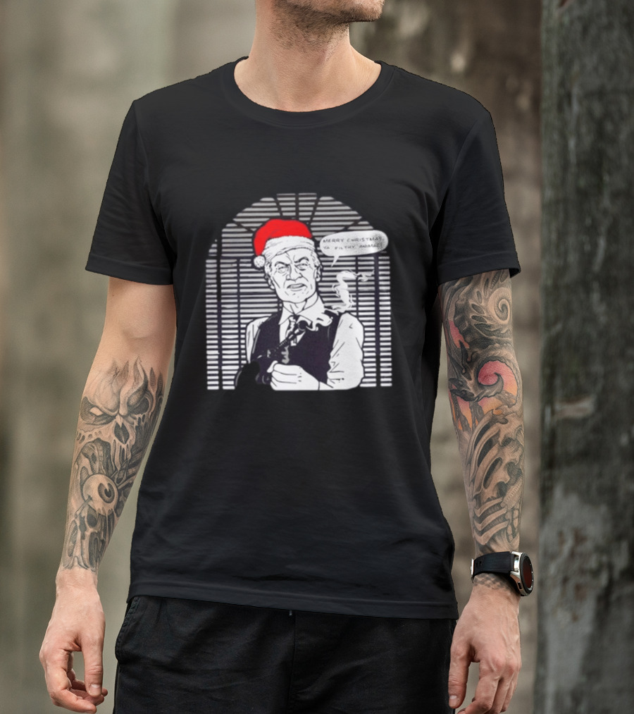 Joe Pesci Merry Christmas Ya Filthy Animal Home Alone Christmas Hat Smoking Gun Scene T-Shirt