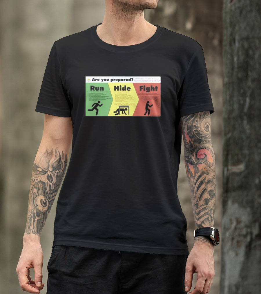 Grimykids Store Survival Guide Run Hide Fight Are You Prepared Emergency Strategy T-Shirt