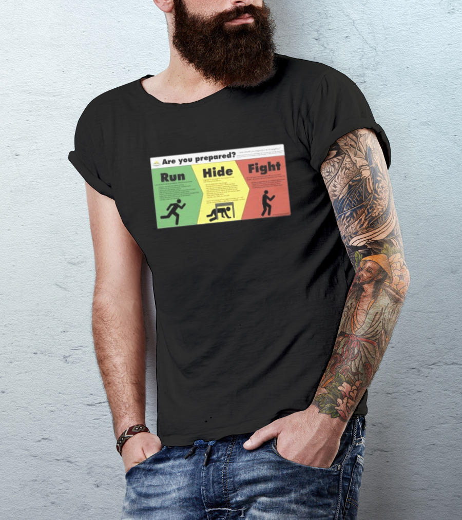 Grimykids Store Survival Guide Run Hide Fight Are You Prepared Emergency Strategy T-Shirt