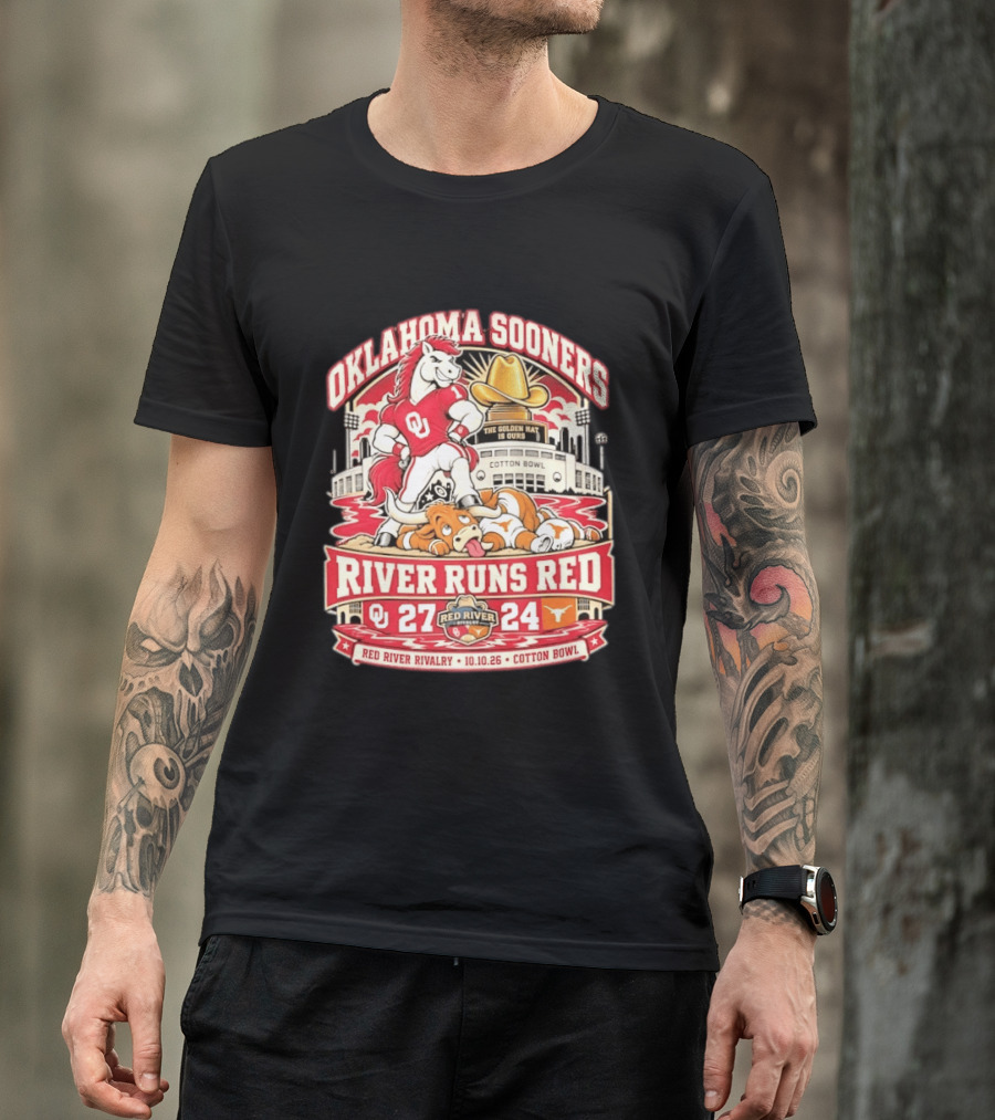 Oklahoma Sooners River Runs Red 27 24 Golden Hat Rivalry Cotton Bowl 10.10.26 T-Shirt