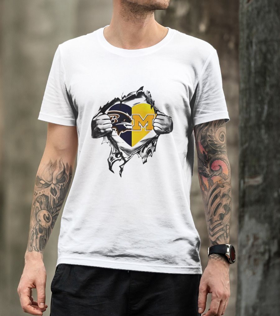 Ravens Michigan Heart Rips Open Chest Men's Double Loyalty Football Fan Gear T-Shirt