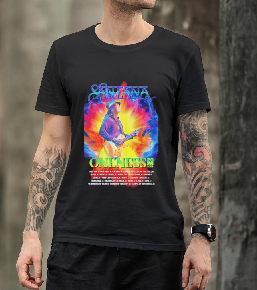 Santana Oneness 2026 Tour Carlos Santana Fire And Ice Tinley Park IL To Santa Barbara CA T-Shirt