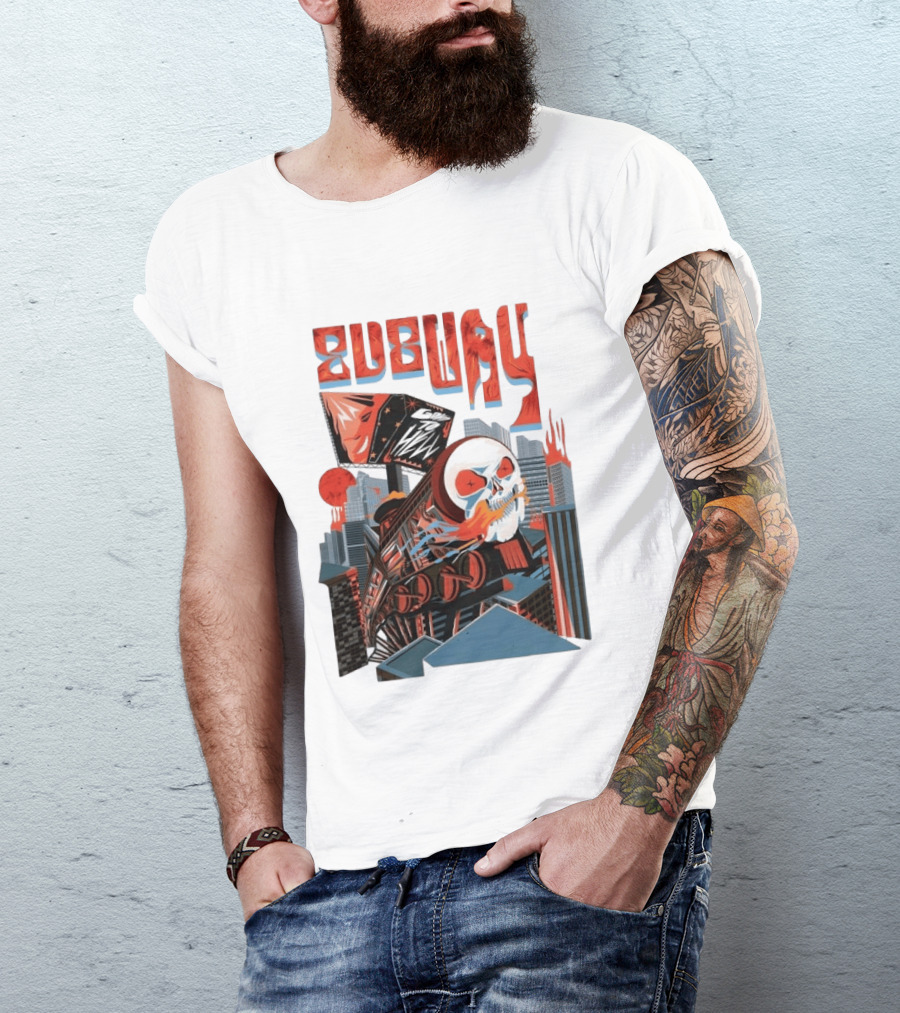 Subway Goes To Hell Skull Train Surreal Cityscape T-Shirt