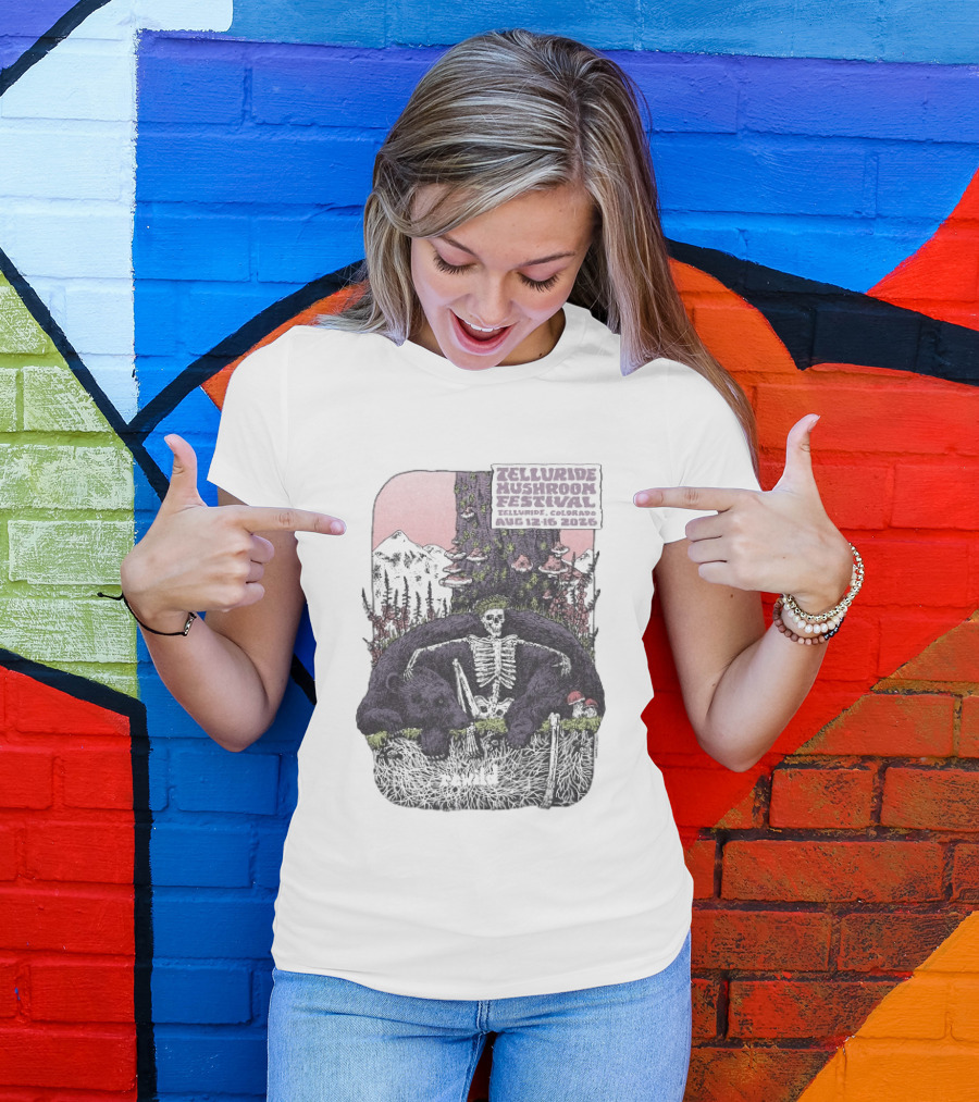 Telluride Mushroom Festival August 12 16 2026 Colorado Skeleton Bear Mountain Scene T-Shirt