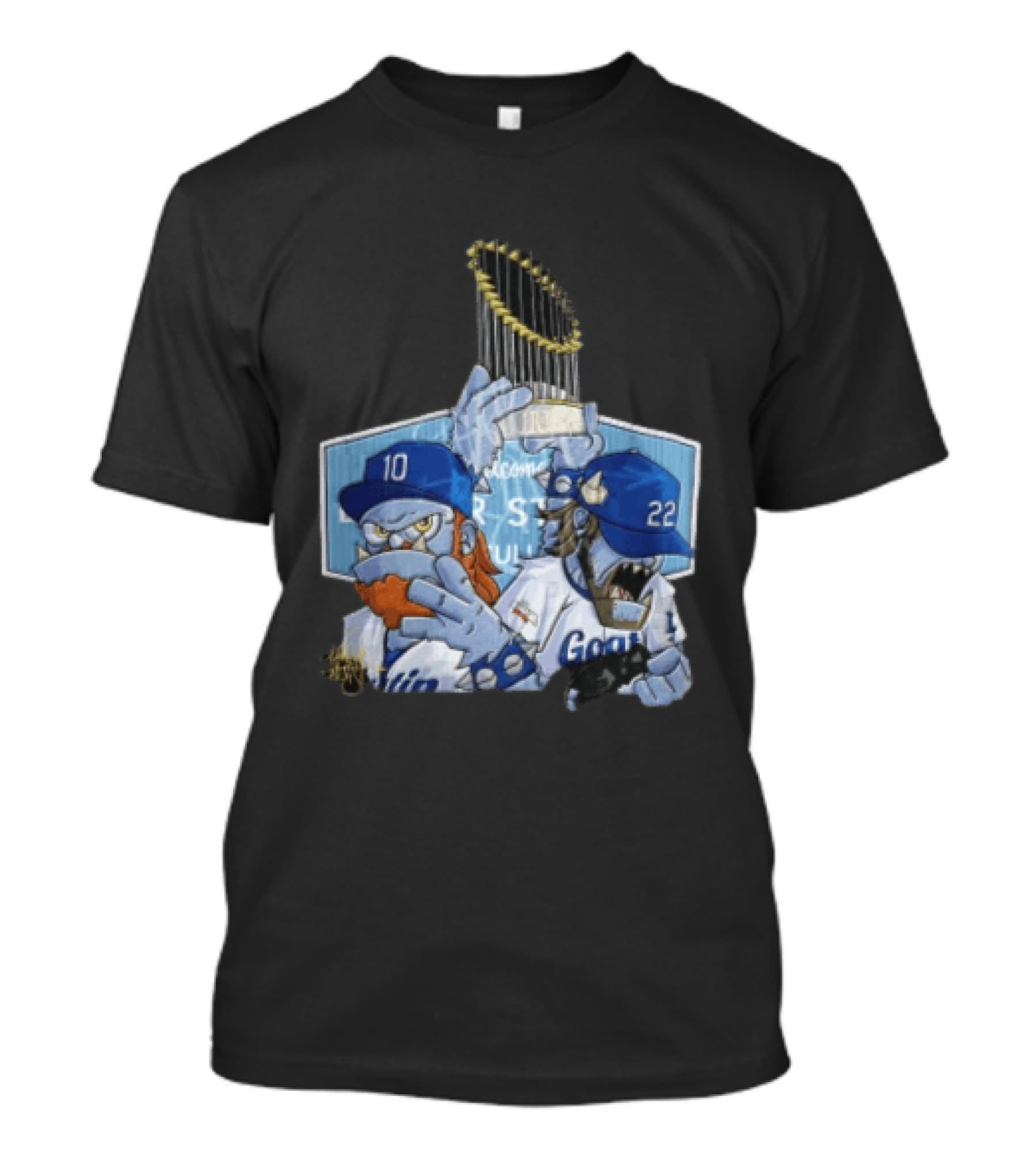 Los Angeles Dodgers Justin Turner Clayton Kershaw Blue Orcs Holding Trophy T-Shirt