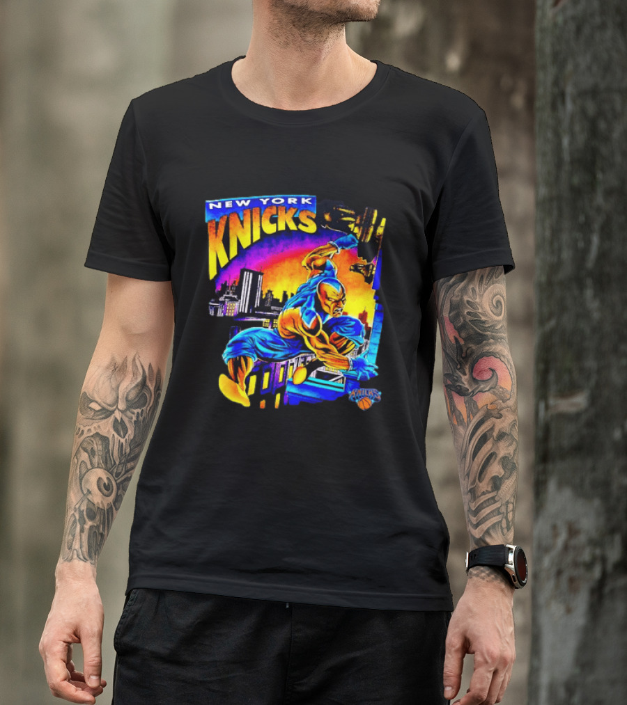 New York Knicks Superhero Action Skyline Scene T-Shirt