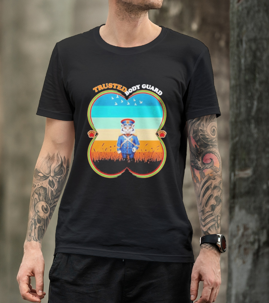 Trusted Body Guard Cat In Uniform With Sunset And Bird T-Shirt
