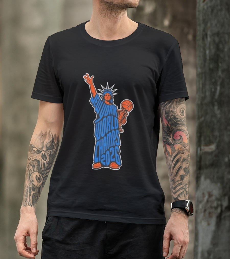 New York Knicks Statue Of Liberty World Champs 2026 Trophy T-Shirt