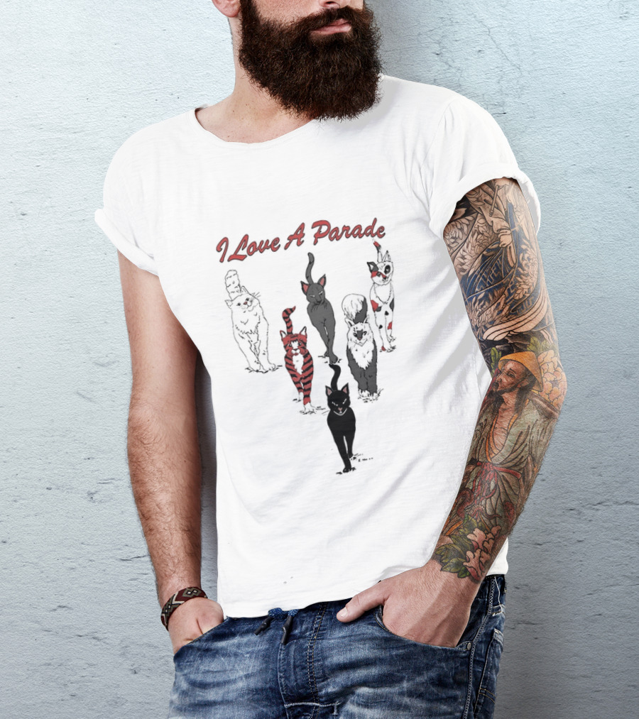 I Love A Parade Walking Cats Black Silhouettes Red Stripes T-Shirt