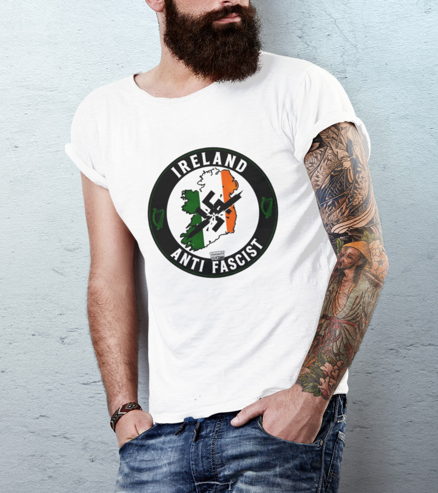 Ireland Anti Fascist Map Design With Tri Color Stripes And Crossed Out T-Shirt