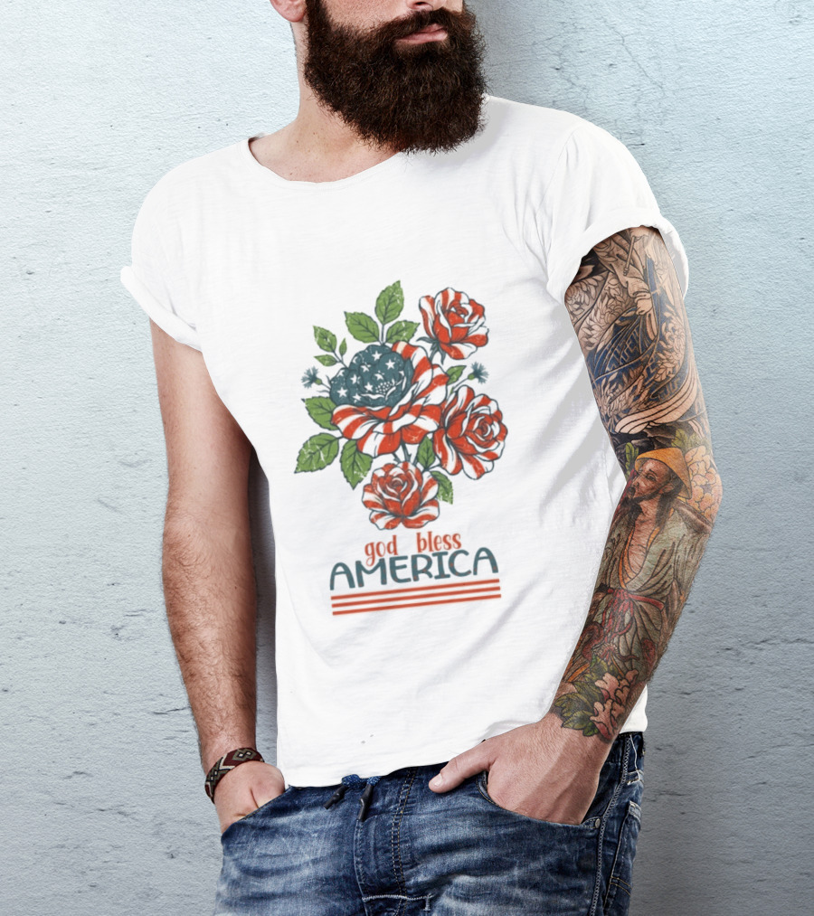 Patriotic Floral God Bless America Roses With Red White Blue Stripes T-Shirt