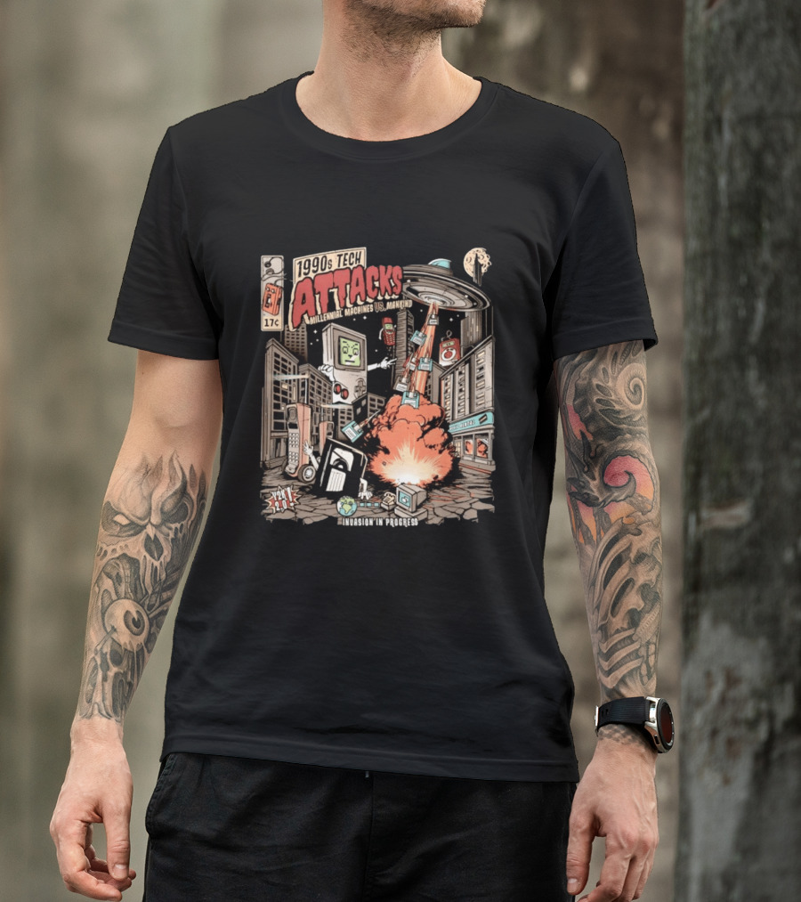 1990s Tech Attacks Millennial Machines Vs Mankind Invasion In Progress Y2K 2.0 T-Shirt