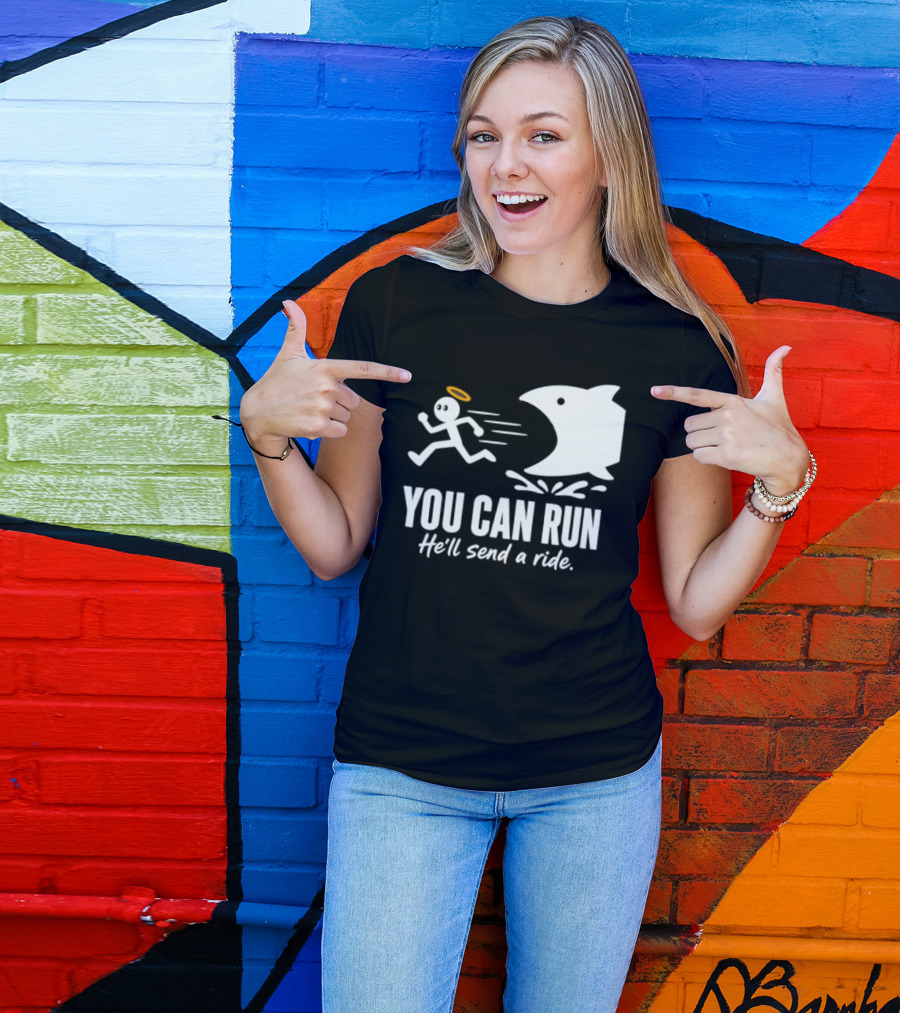 Angel Fleeing Shark You Can Run He'll Send A Ride Humor T-Shirt