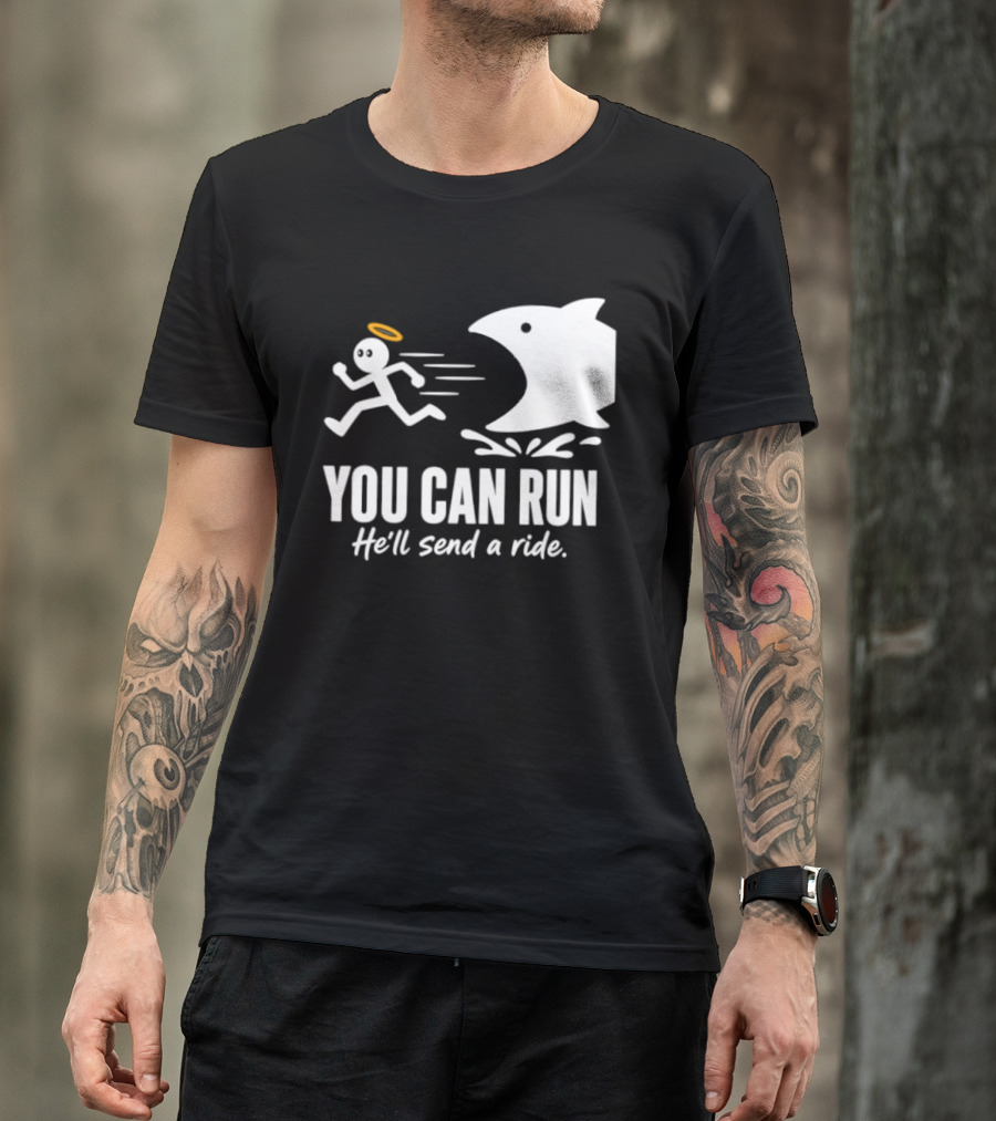 Angel Fleeing Shark You Can Run He'll Send A Ride Humor T-Shirt